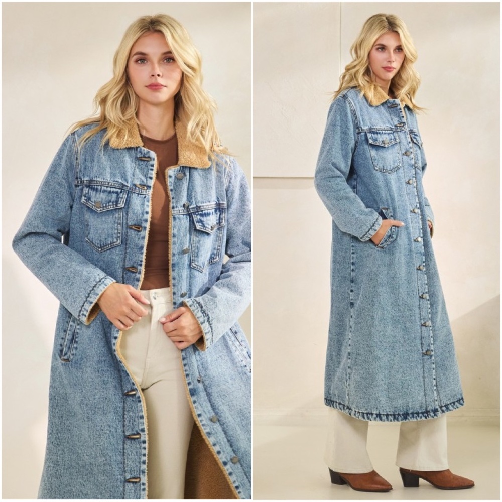 Light Wash Teddy Line Button Down Pockets Denim Jean Long Jacket - Picture 3 of 4